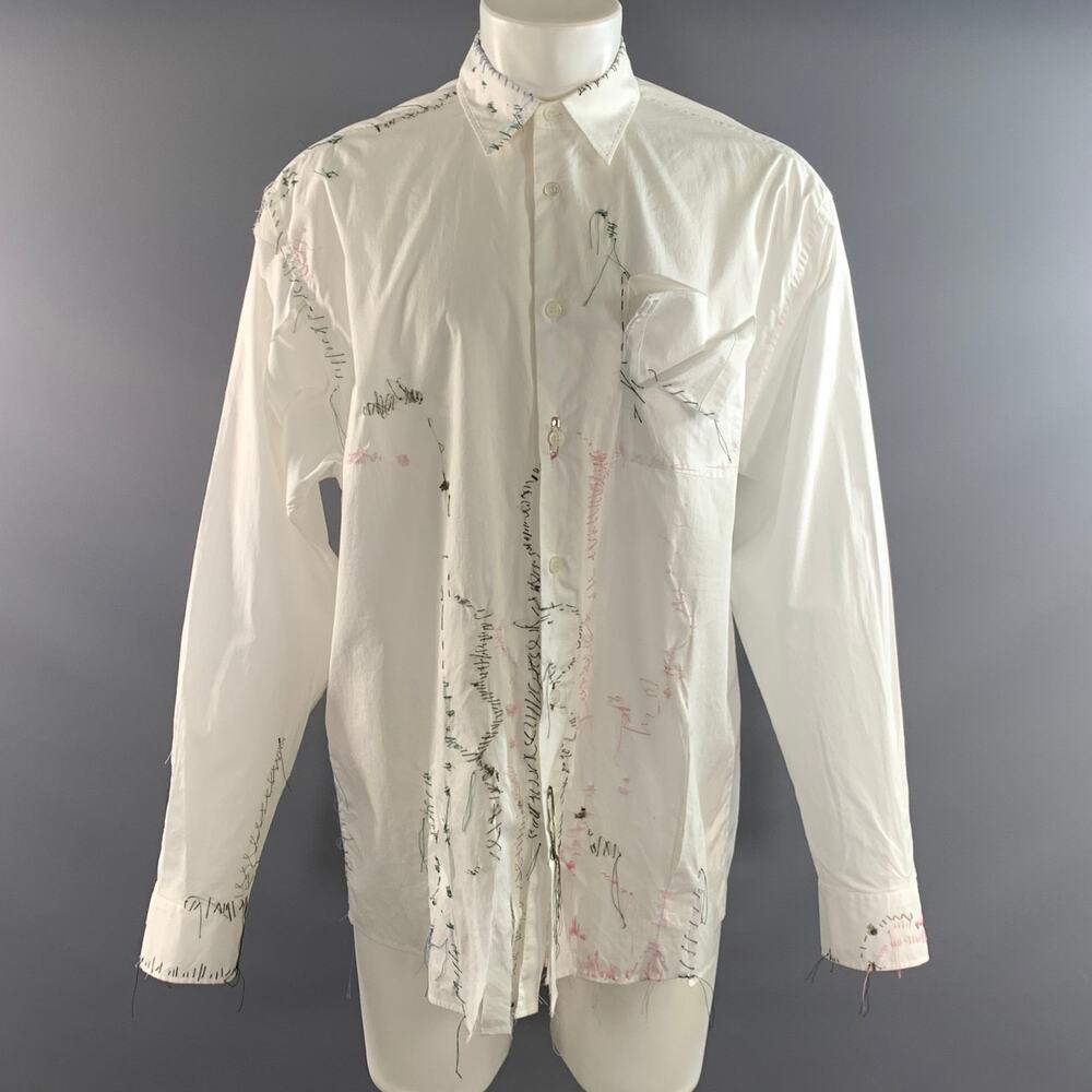 MARNI Size M White Stitched Cotton Button Up Long Sleeve Shirt